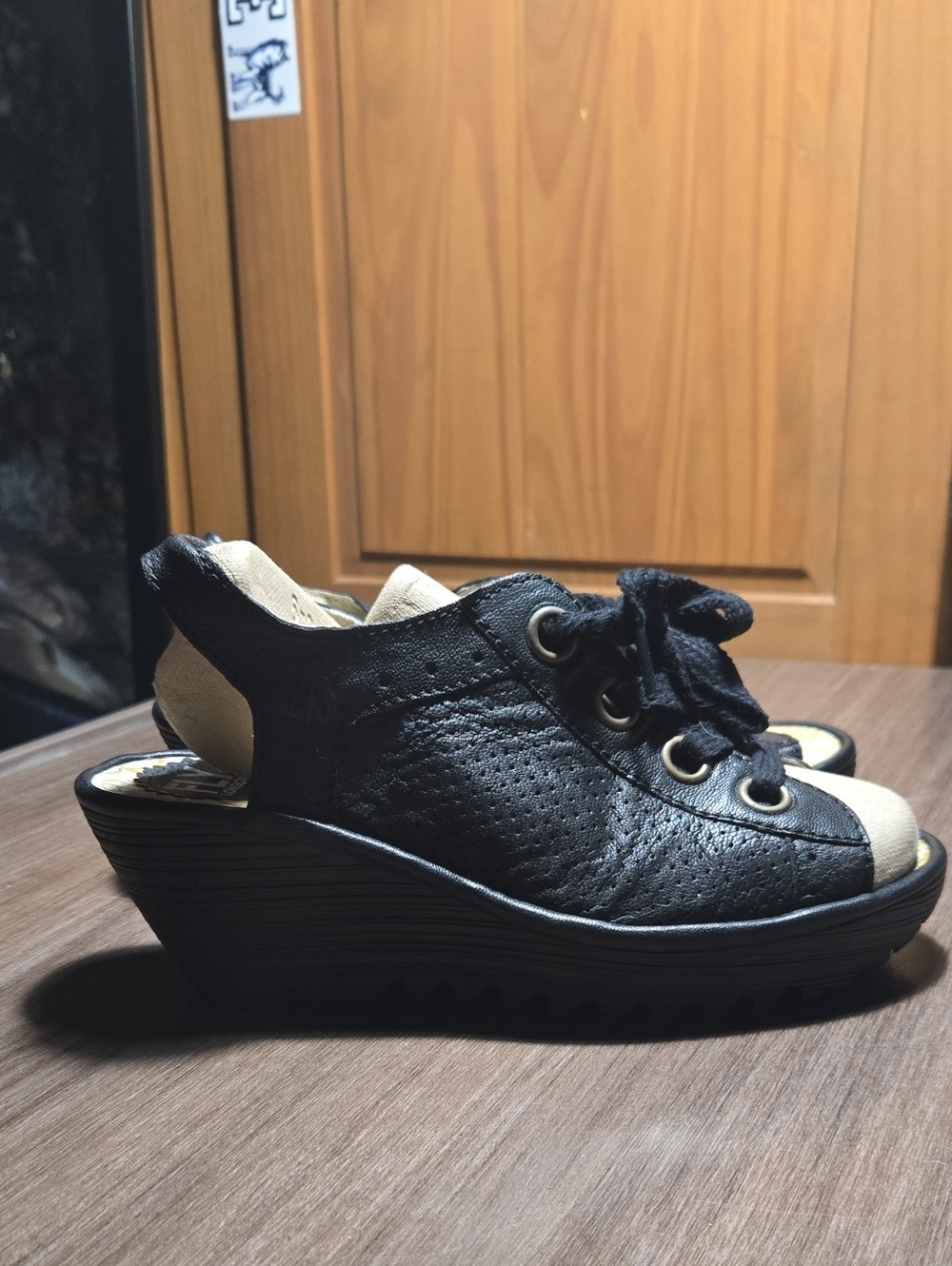 Fly London Black & Cream Lace-Up Wedge Sandals